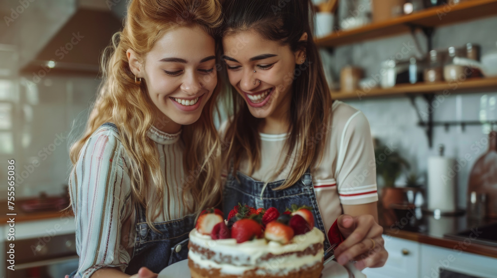 Two adults women cooking a birthday cake at home in the kitchen Two adults women cooking a birthday cake at home in the kitchen