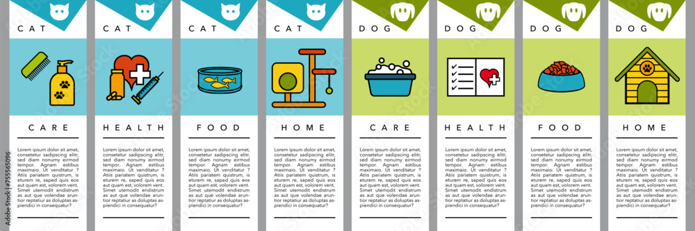 Série de 4 fiches pour chat et 4 fiches pour chien concernant des informations sur le toilettage, la santé, la nourriture et le logements des animaux domestiques.  - obrazy, fototapety, plakaty 