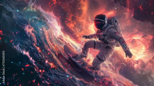 Astronaut surfing cosmic waves war against red aura