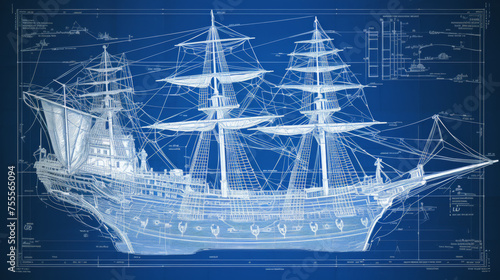 Illustration of a technical drawing of an old boat galleon style mixing the vintage aspect of the ship and the modern look of the blueprint