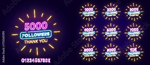 Neon message Thank You 1000, 2000, 3000, 4000, 5000 ,6000 ,7000, 8000, 9000 and 10k Followers on a dark background.