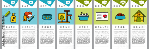 Série de 4 fiches pour chat et 4 fiches pour chien concernant des informations sur le toilettage, la santé, la nourriture et le logements des animaux domestiques.  photo