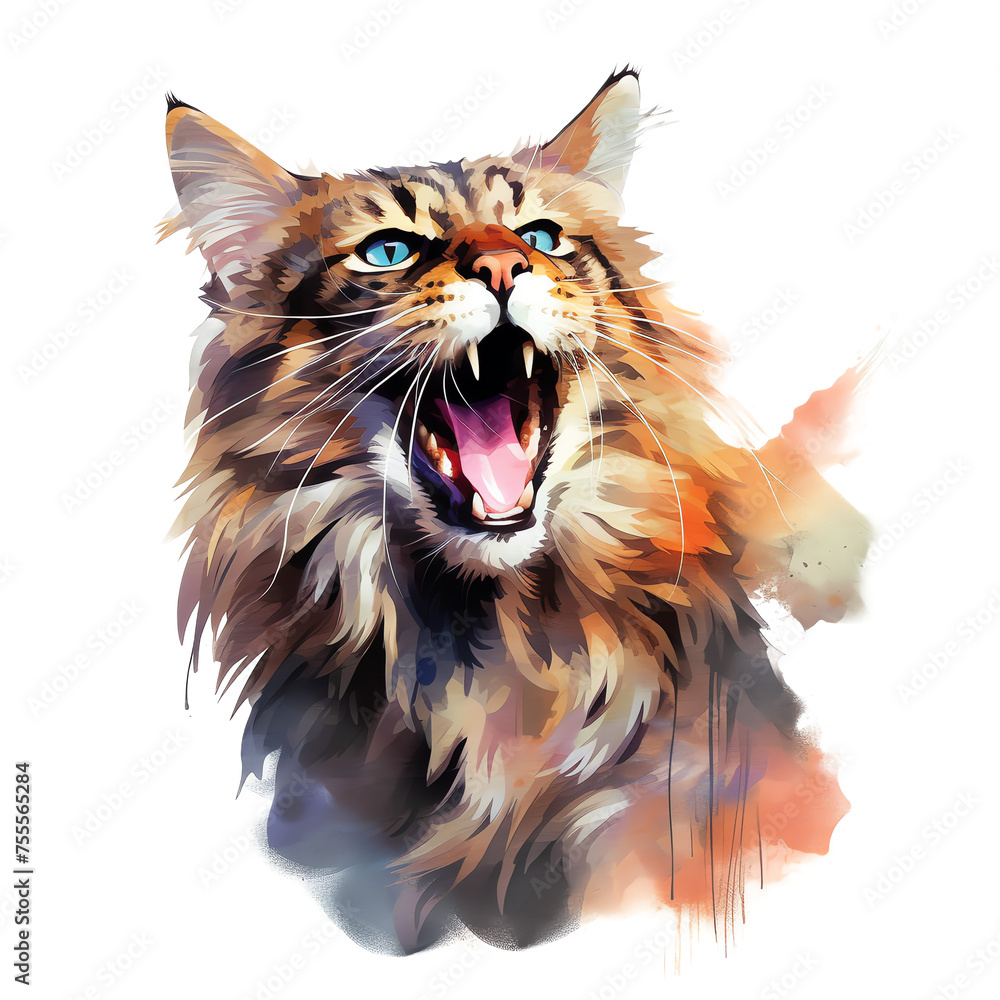 A watercolor painting of a maine coon cat