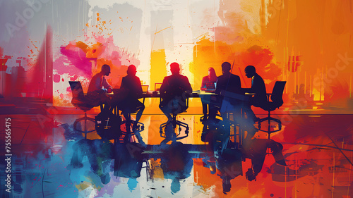 Vector image of a group of businessmen sitting at a table and deciding business
