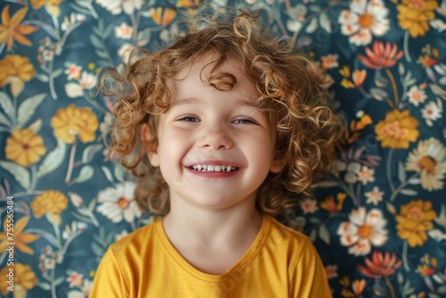 cheerful young child laughing with curly hair, wearing a yellow shirt, stands in front of a floral wallpaper, laughing with sheer joy and looking at camera