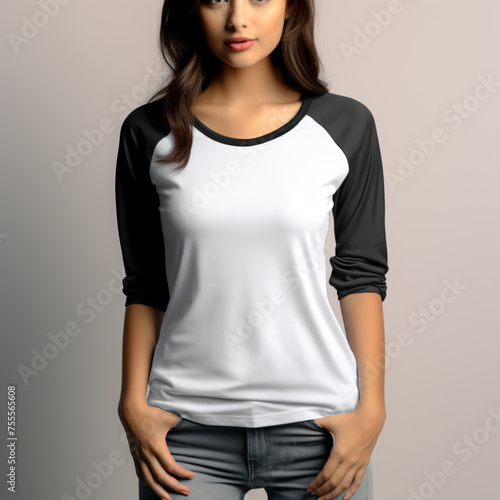 Realistic raglan shirt white black female model mockup generated AI