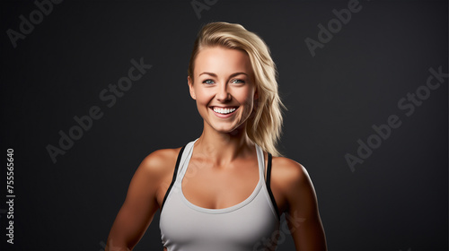 Portrait of a Beautiful Woman Radiating Post Exercise Glow and Positivity, Smiling after Completing a Workout, Still in Workout Attire, Taken in a Professional Photo Studio Setting