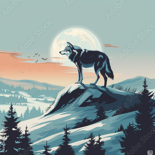 A wild wolf in nature stands on a hill and surveys his domain. Immerse yourself in the wild beauty of nature with this breathtaking image. © Anton