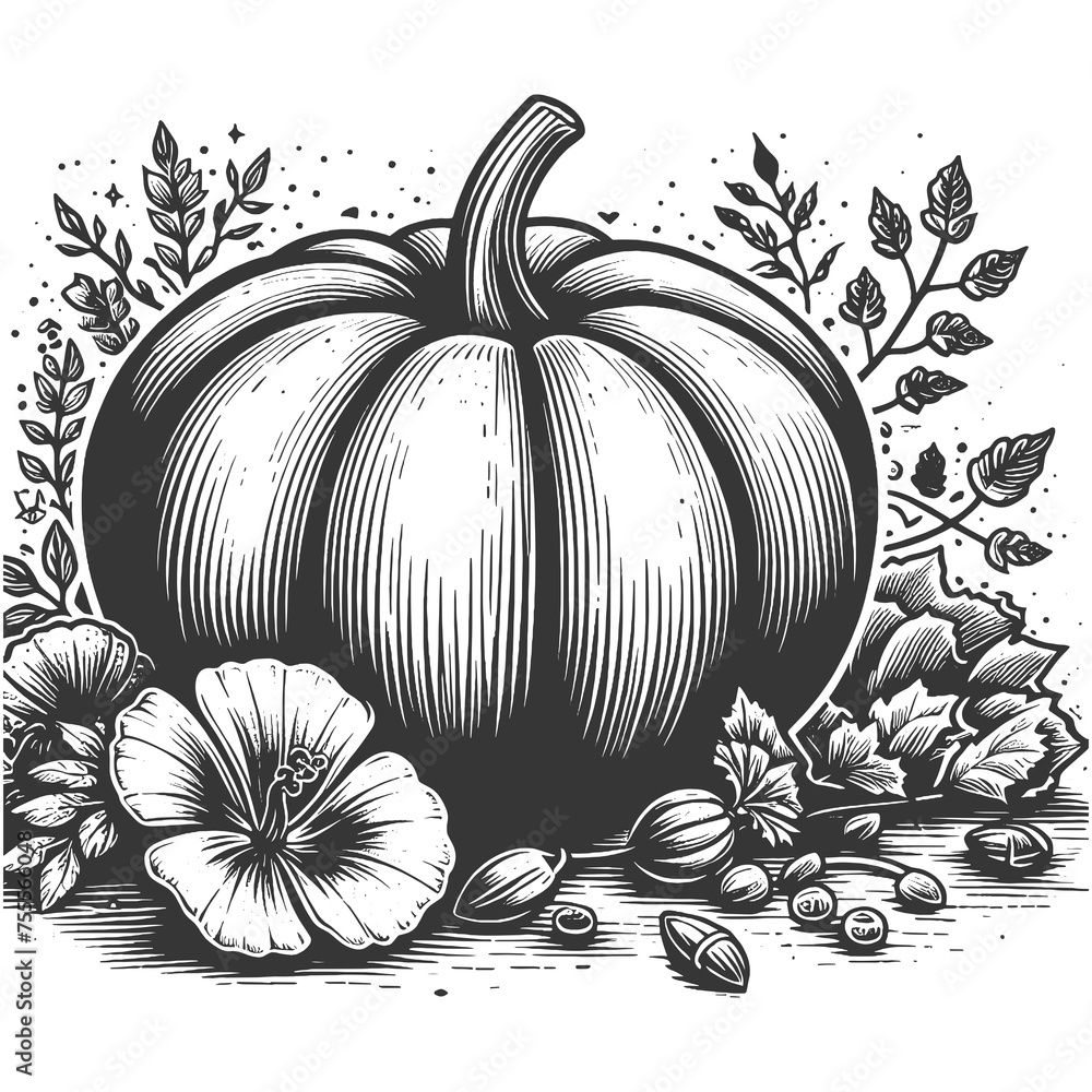 custom made wallpaper toronto digitalPumpkin fruit plant food sketch engraving generative ai raster illustration. Scratch board imitation. Black and white image.