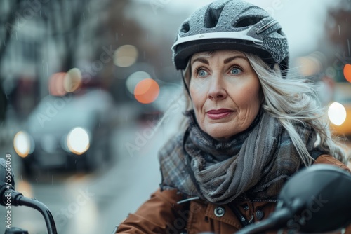 Mature woman wear bicycle helmet to ride save an electric scooter in the city © RodriguezGarcia