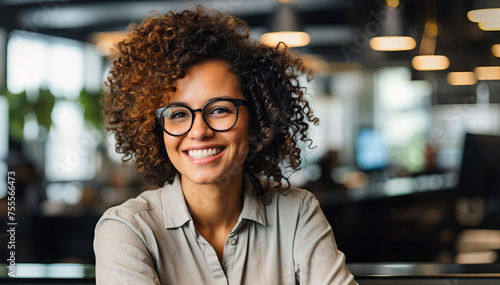 Portrait of smiling businesswoman in eyeglasses sitting in cafe