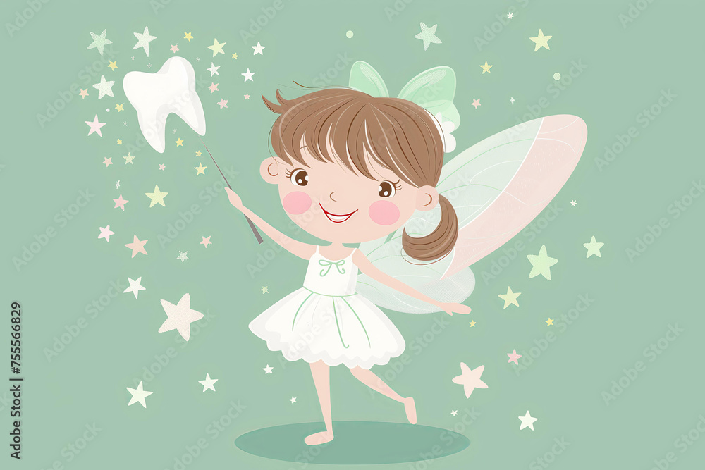 cute cartoon illustration of a tooth fairy girl with wings and a magic wand on a pastel green background cute cartoon illustration of a tooth fairy girl with wings and a magic wand on a pastel green background