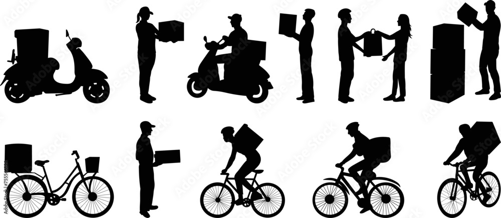 Naklejka premium silhouette of delivery men, couriers on a moped, bicycle on a white background vector