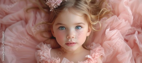 Innocence and Wonder Little girl in pink dress lying on pink background with eyes wide open