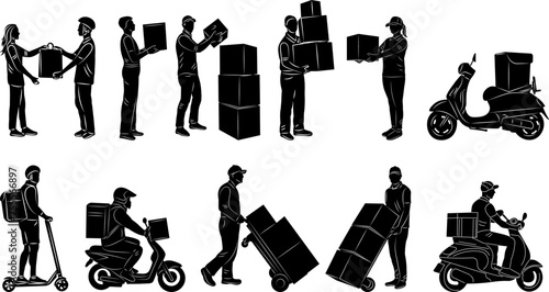 set, silhouette of food delivery men, messengers on a white background vector