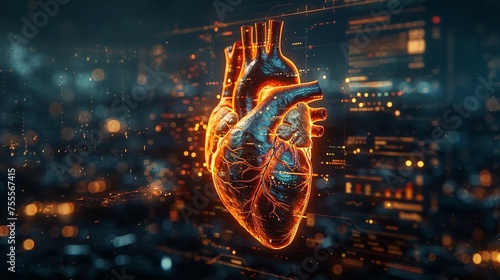 A heart is shown in a cityscape with a glowing orange hue photo