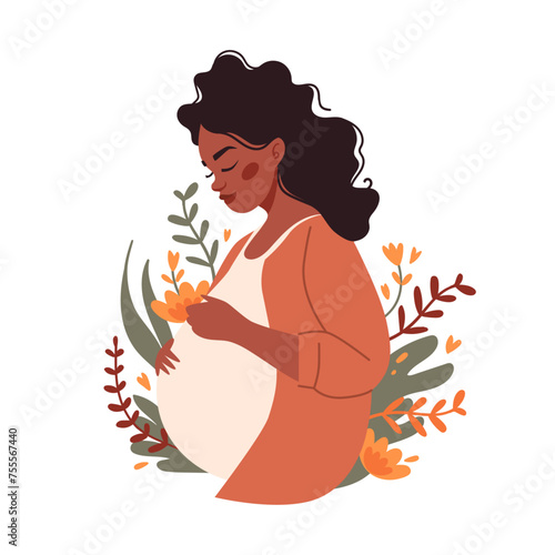 Vector illustration of a young pregnant beautiful black woman