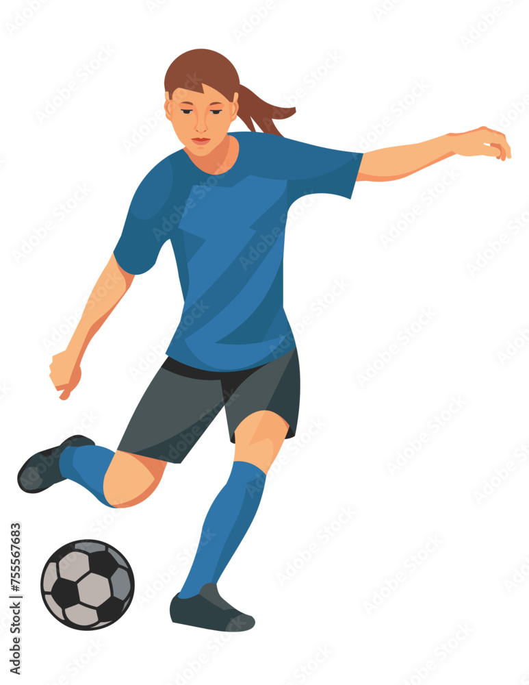 Teenage girl in a blue sports uniform playing women's football and going to kick the ball with her foot