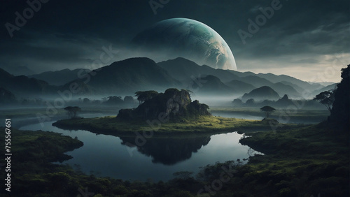 A planet looms large in the sky over a mountainous landscape with a lake in the foreground photo