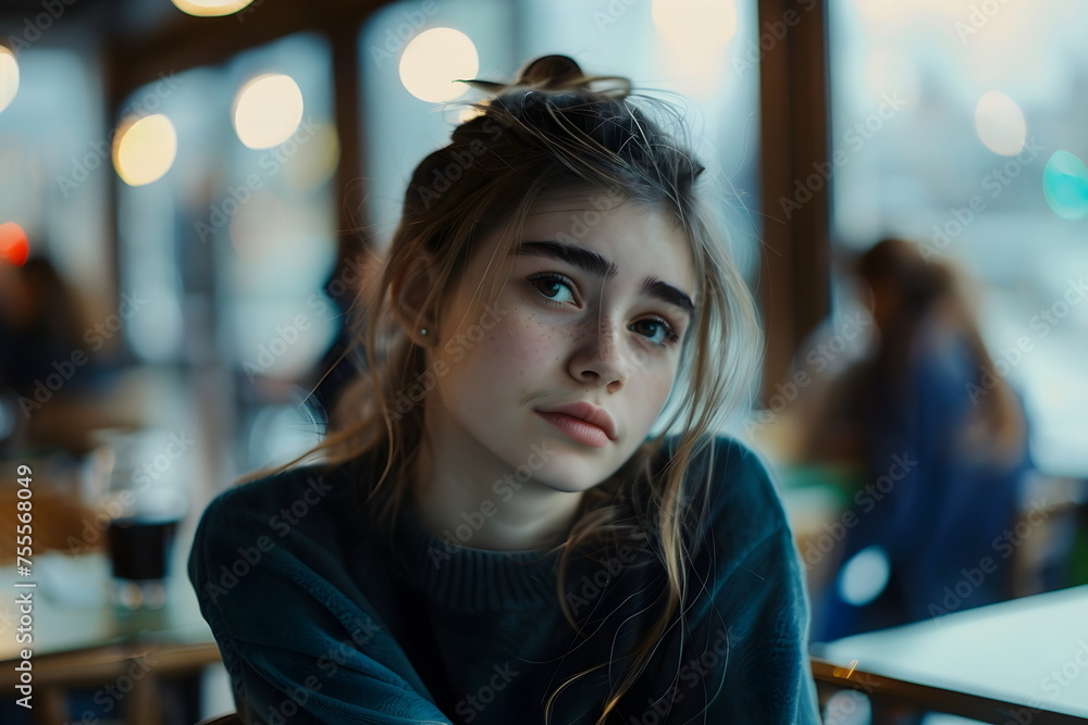 sad young woman sitting alone in a restaurant sad young woman sitting alone in a restaurant