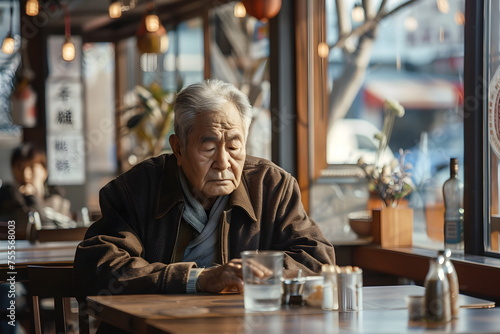 sad old man sitting alone in a restaurant photo