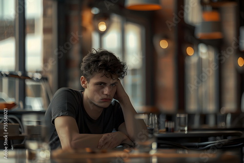 sad young man sitting alone in a restaurant