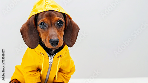 Dachshund  fofo usando capa amarela de chuva  photo