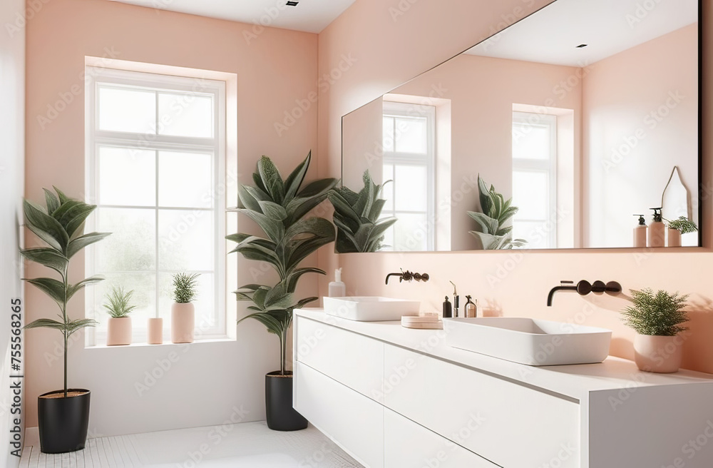 Fototapeta premium elegant and stylish interior of modern bathroom in natural peach colours