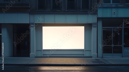 Wallpaper Mural Blank white billboard on the wall in front of building, near the the entrance glass door. illuminated screen, night outdoors. front view. copy space, mockup product.	 Torontodigital.ca