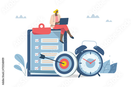 Effective project management and time planning, Manage business schedules and working hours, Businesswoman with laptop making checklist and alarm clock, Vector design illustration.