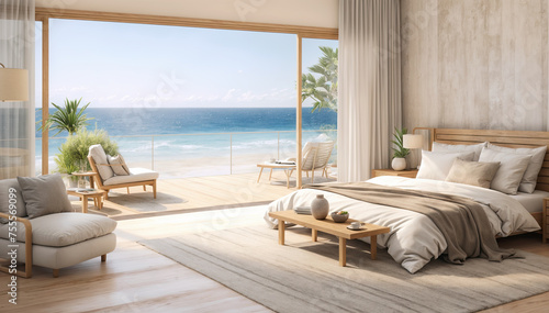 3d rendering of modern bedroom with sea view from the terrace © Hoody Baba