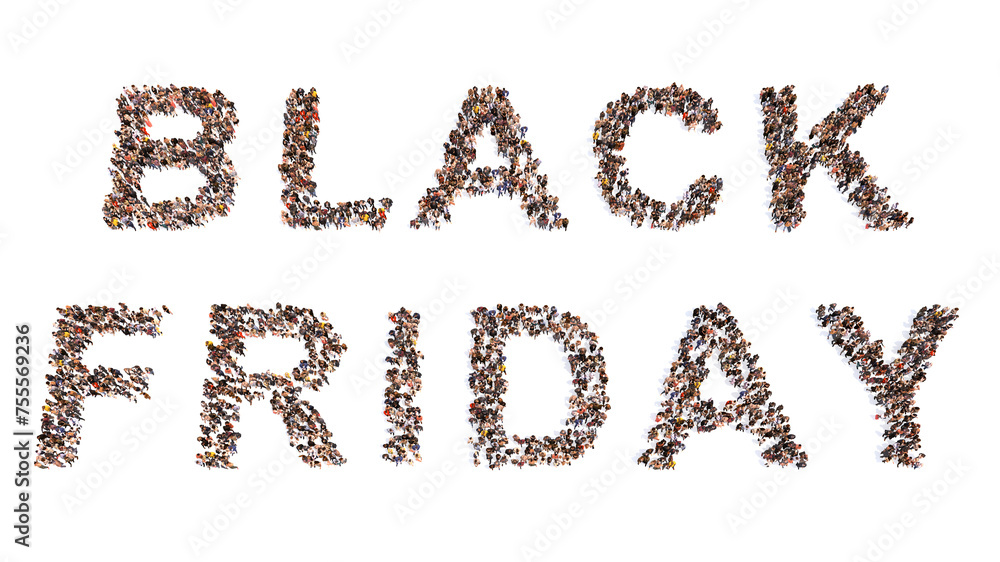 Concept or conceptual large community of people forming BLACK FRIDAY slogan. 3d illustration metaphor for marketing, promotion, shopping, special price, offer, discount or deal Concept or conceptual large community of people forming BLACK FRIDAY slogan. 3d illustration metaphor for marketing, promotion, shopping, special price, offer, discount or deal