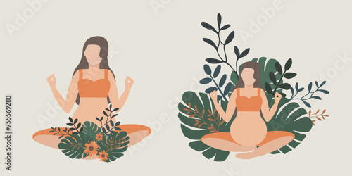 Serene illustration of a pregnant woman meditating among floral elements, embodying calm and prenatal wellness