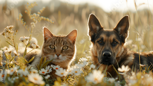 dog and cat lying in flower field 