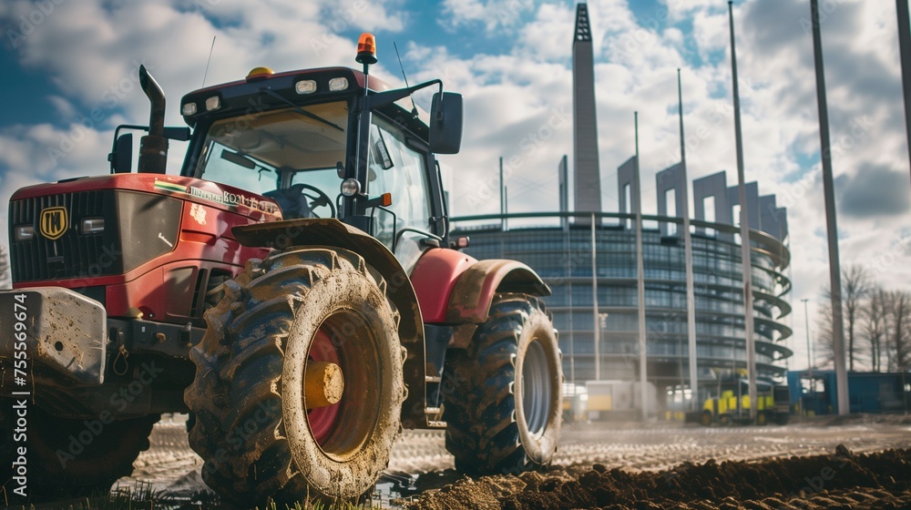 Fototapeta premium A modern agriculture tractor is prominently parked in front of a European Union government building, symbolizing a peaceful but powerful farmer protest against agricultural policies.