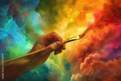 A hand is painting a colorful scene with a brush