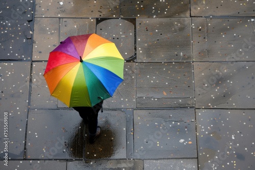 A person is standing under a rainbow umbrella in the rain