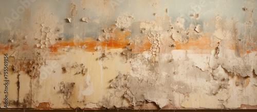 The wall in the image shows signs of deterioration, with peeling paint exposing the underlying surface. The paint appears cracked and flaking, indicating neglect and age. photo