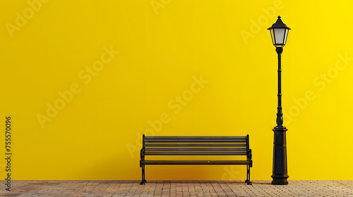 A bench with streetlight in front of a yellow wall. photo