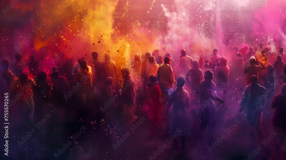 Illustration of a people celebrating Holi Festival. Holi Festival background concept with copy space