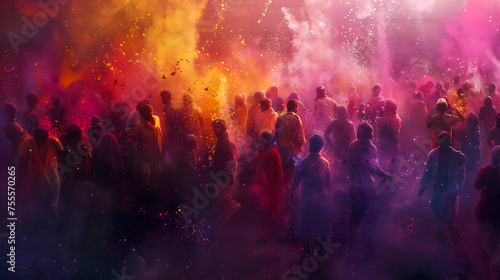 Illustration of a people celebrating Holi Festival. Holi Festival background concept with copy space © DimaSabaka
