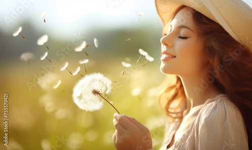 A woman is holding a dandelion and smiling