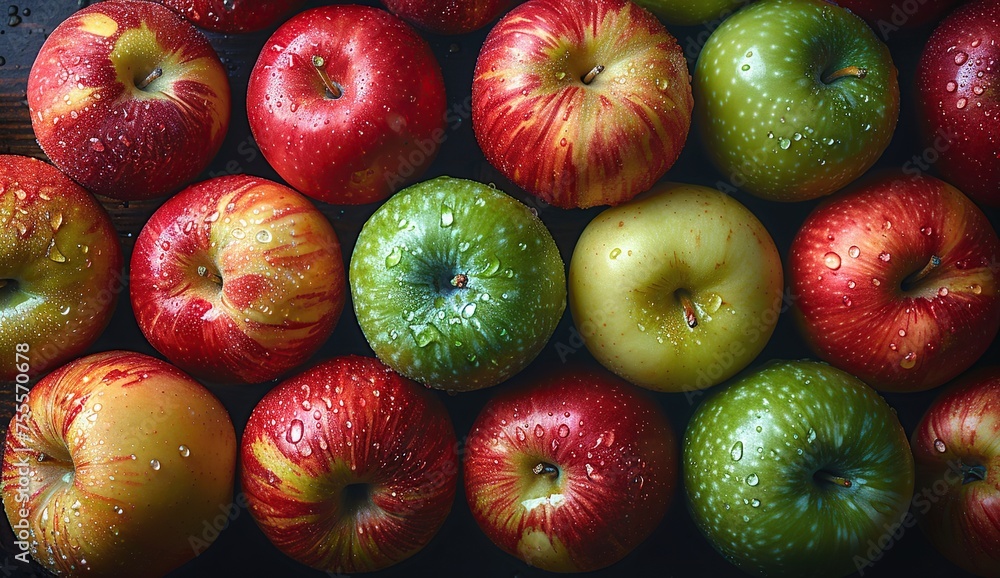 Red and green apples with leaves as background, top view. Created with Generative AI Red and green apples with leaves as background, top view. Created with Generative AI