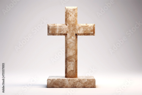 Volumetric marble Christian cross symbol on white background. Generative Ai photo