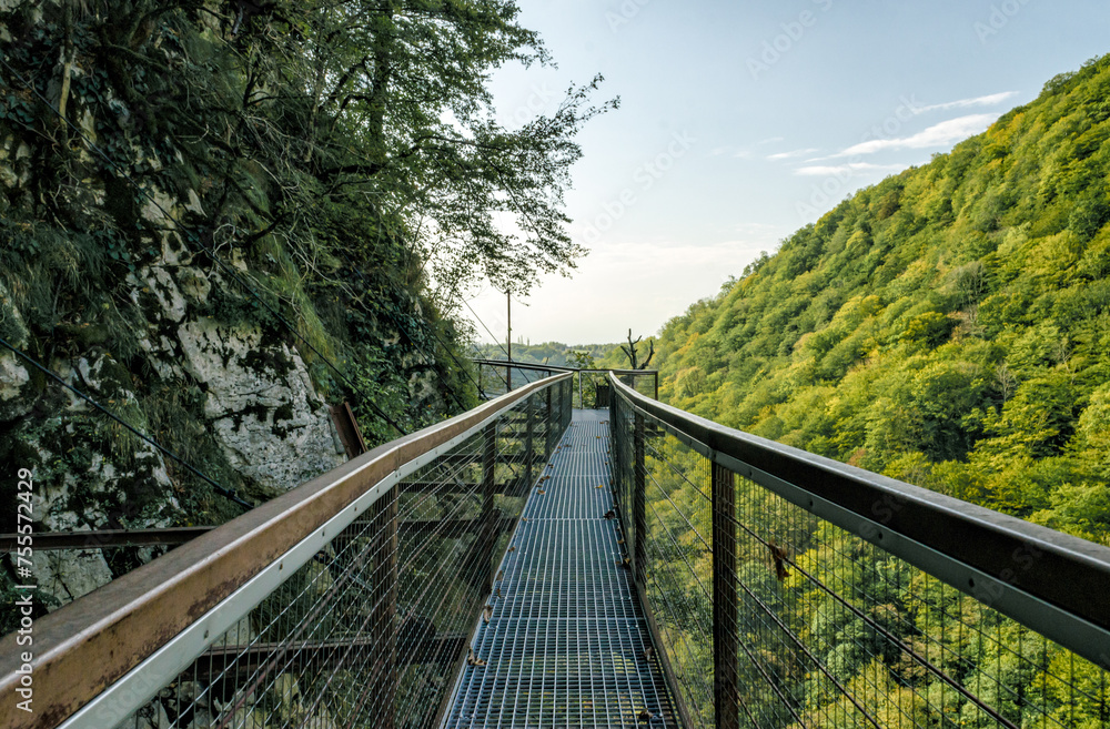 suspension metal bridge in canyon in Georgia in autumn