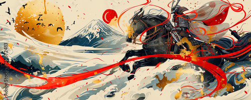 Samurai - Japanischer Krieger mit Pferd und rotem Band photo