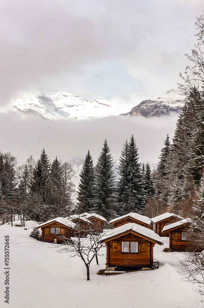 Paysage enneigé et chalets, La Flatière, Les Houches, Haute-Savoie, France