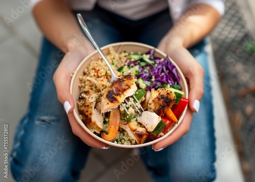 Woman holding plate with tasty chicken or vegan or vegetarian food. Healthy vegan or meat meal. Vegan buddha bowl with healthy food. Healthy eating or diet.
