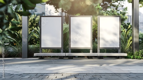 Blank whiteboard advertising stands billboard. outdoor side by side. front view. copy space, mockup product. photo