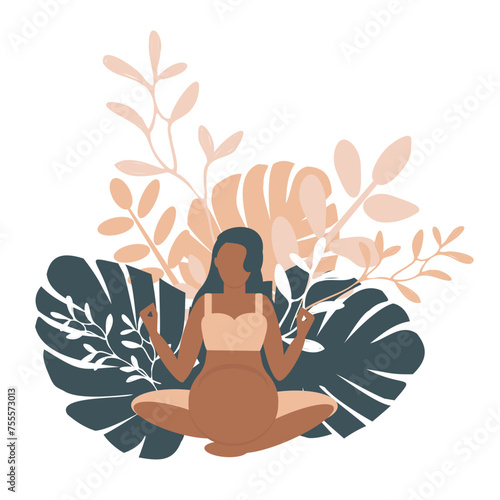 Serene illustration of a pregnant woman meditating among floral elements, embodying calm and prenatal wellness	
